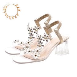 LELEBEAR Flower Rhinestone Block Heel Sandals, Women's Summer Elastic Ankle Strap Chunky High Heel Open Toe Sexy Elegant Dress Shoes
