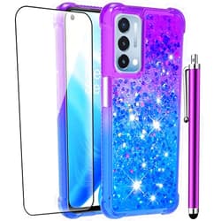 CAIYUNL OnePlus Nord N200 5G Case with Tempered Glass Screen Protector,Glitter Bling Flowing Liquid Sparkle Soft TPU Shockproof Protective Phone Case Women Girls for OnePlus Nord N200 5G - Purple Blue