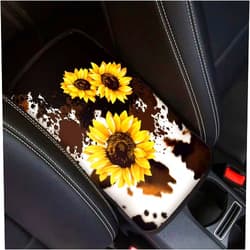 FOR U DESIGNS Car Center Console Pad Cow Print Cute Car Interior Accessories Auto Armrest Cushion Cover Protector Universal Fit for SUV Sedan Truck Sunflower Print