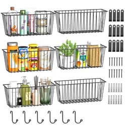 Simple Trending 6 Pack Wire Basket Locking Wall Hanging Baskets, Organize Cabinets and Storage Cabinets with Free Hooks for Kitchen, Laundry Room, Garage, Refrigerator and Bathroom.