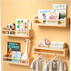 Boswillon Dual-Guard Nursery Book Shelves Set of 4, Floating Shelves for Nursery Room Wall Decor, Wall Mount Kids Bookshelf for Baby Bedroom Storage, Toddler Toy Hanging Wall Organizer - Natural Wood