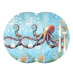 PUXTKE DAZQW Watercolor Ocean Octopus Starfish Round Placemat,PU Heat-Proof Table Mats Placemats Sea Monster Waterproof Table Mat for Indoor Outdoor Kitchen Dining Party,Set of 2,12