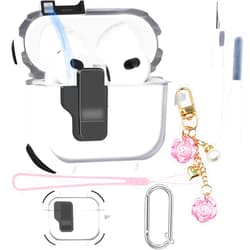 GAFKIDFO Clear 3 Case for AirPods 3st Generation Case Cover, 5 in 1 Set Automatic Snap Switch Secure Lock Silicone Case for Apple Airpod 3 Case Accessories with Pink Wrist Strap Cute Flower Pendant 2021