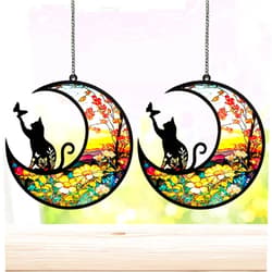 Fhiny Cat Memorial Suncatcher, 2 Pack Memorial Gift for Cat Lovers Loss of Cat Sympathy Gift Kitty on Moon Pet Remembrance Gifts Hanging Window Decor for Pet Christmas Halloween Suncatcher (Cat C)