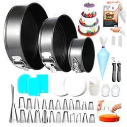 RFAQK 150PCs Cake Pan Set for Baking + Cake Decorating Supplies: 3 Round Non Stick Springform Pan Set (4, 7, 9 inches),24 Icing Tips,Cake Leveler–Multi-functional Leak-Proof Cake Pans & eBook