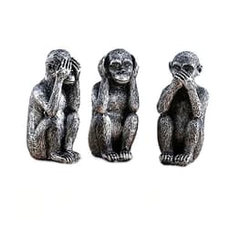Wanwanzi 3 Wise Monkeys Statue Set - Hear No Evil See No Evil Speak No Evil - Resin Monkey Figurines for Office and Home Decor - Memorable Gift Option - Silver Coating