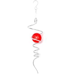 OMCCHK Gazing Ball Spiral Tail Wind Spinner Stabilizer,Wind Catcher Metal Decoration with Swivel Hook & Red Crystal Glass Ball,Mirror Ball Spinner Hanging,Helix Kinetic Silver Outdoor Garden Art Ornaments