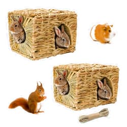 Hamiledyi 2 Pcs Grass House for Rabbit Natural Hand Woven Seagrass Play Hay Bed Foldable Woven Hideaway Hut Toy for Bunny Hamster Guinea Pig Chinchilla Small Animals