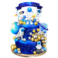 Epakh 24 Pcs Astronaut Space Cake Toppers Outer Cake Toppers Decoration Astronaut Figurines Planet Rocket Satellite Pearl Balls and Stars Space Theme Decor for Birthday Party Baby Shower(Blue)