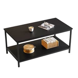 SAYGOER 2-Tier Black Coffee Table for Living Room Modern Rectangle Coffee Table with Storage Industrial Wood Center Table for Large or Small Spaces Apartment Home Office, All Black