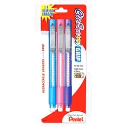 pentel Clic Eraser Pencil-Style Grip Eraser, Assorted, 3/Pack