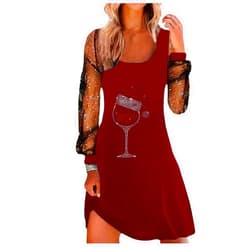 Sruiluo Christmas A Line Short Dress Mesh Sheer Sleeve Square Neck Mini Dress for Women Red Wine Glasses Printing Xams Dress