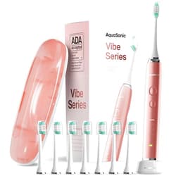 Aquasonic Vibe Series Ultra-Whitening Toothbrush – ADA Accepted Electric Toothbrush - 8 Brush Heads & Travel Case – 40,000 VPM Motor & Wireless Charging - 4 Modes w Smart Timer – Satin Rose Gold