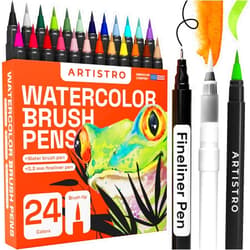 ARTISTRO 24 Watercolor Markers with Flexible Brush Pens for Pros & Beginners - Consistent, Smooth, Washable, Non-Toxic, Ideal for Coloring, Calligraphy, & Manga