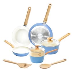 GoodCook 10-Piece Healthy Ceramic Titanium-Infused Cookware Set, Light Blue – Pots, Pans, Steamer, Spoon & Turner – Induction Cookware, Kitchen Pots & Pans Set, Nonstick Cooking Pan Set