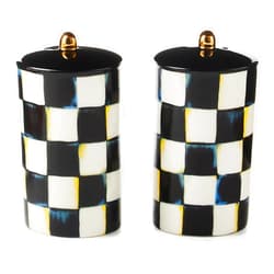 MACKENZIE-CHILDS Farmhouse Salt and Pepper Shaker Set, Ceramic Salt and Pepper Holders, Black-and-White Courtly Check