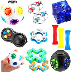 Sumind 12 Pieces Sensory Fidget Toy Relieves Stress and Anxiety Fidget Pad Flippy Chain Fidget Mesh Fidget Keychain Fidget Dice Wacky Track Magic Cube Ball Bean Toys Assortment for Teens and Adults