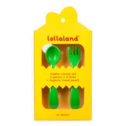 Lollaland 5 Piece Plastic Toddler Silverware Spoon and Fork Utensil Set - Reusable Toddler Cutlery With Hygienic Travel Pouch (Green)