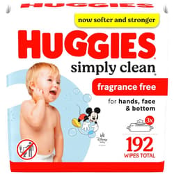 Huggies Simply Clean Unscented Baby Diaper Wipes, 3 Flip-Top Packs (192 Wipes Total), Packaging May Vary