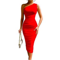LAGSHIAN Women's Sexy Bodycon One Shoulder Sleeveless Ruched Midi Club Party Dress