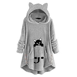 Generic Women Sweater Long Sleeve Cat Ear Hoodie Fleece Cute Print Button Pocket Blouse Womens Large Zip up Sweatshirt Grey XX-Large