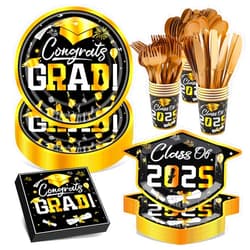 Nuolifee 175Pcs Graduation Paper Plates Set - (Serve 25) with 9inch Dinner Plate,7inch Dessert Plates,Napkins,Cups, Forks,Knives,Spoons for 2025 Graduation Party Supplies (Black and Gold)
