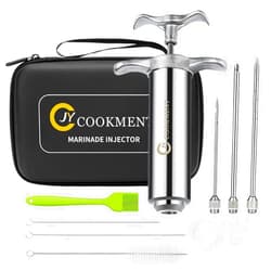 JY COOKMENT Meat Injector Syringe 2-oz Marinade Flavor Barrel 304 Stainless Steel with 3 Marinade Needles, Travel Case for BBQ Grill Smoker, Turkey, Brisket, Paper Instruction and E-book Included by JY COOKMENT