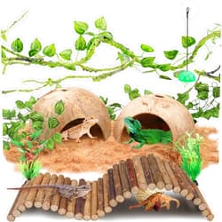 QUOZUO Crested Gecko Tank Accessories, Reptile Climbing Vines Hanging Plants with Coconut Shells Bridge Hideout Hermit Crab Decor for Bearded Dragon Lizard Chameleon Gecko Turtle Snake
