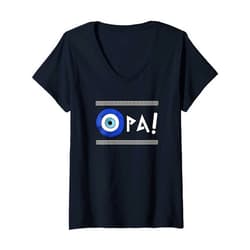 The Greek Key Merch Soulz Womens Opa Expression Greek Evil Eye Design Greek Key Print Opa V-Neck T-Shirt