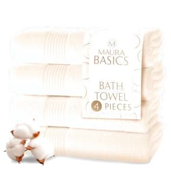 MAURA Basics Performance Bath Towels 100% Turkish Cotton with Hook Loops. Extra Large Luxury Absorbent Plush Towel Sets for Bathroom, Daily Use American Standard Size 27”x54”, Cream