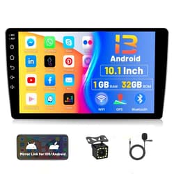 Hikity 10.1 inch Android Car Stereo Double Din Android 13 Touchscreen Car Radio with GPS WiFi 1+32GB FM Mirror Link USB+ Rear Camera
