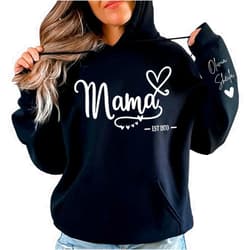 IZI POD Personalized Mama Est Shirt, Custom Grandma Mom Shirt with kid name on sleeve, Gift for Mothers day, Christmas