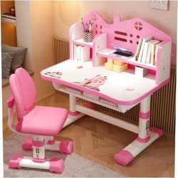 Tulkdexi Kids Functional Desk and Chair Set, Study Desk for Children with Chair, Kids Desk and Chair Set,Height Adjustable Children School Study Desk with Storage Drawer for Boys Girls(Pink) Pink B