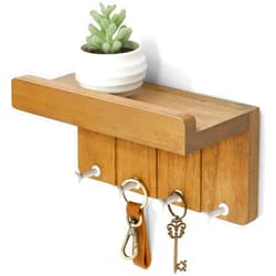 Rebee Vision Modern Farmhouse Key Holder Wall Mount - 8 inch Rustic Key and Mail Holder for Wall with 4 Hooks and Small Floating Shelf - The Perfect Aesthetic Stuff in Your Apartment (Light Brown)