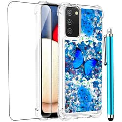 CAIYUNL for Samsung Galaxy A02S Case with Tempered Glass Screen Protector,Glitter Bling Flowing Liquid Sparkle Women Girls Soft TPU Shockproof Protective Phone Case for Samsung Galaxy A02S-Butterfly