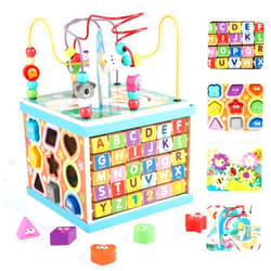 Qilay Wooden Activity Cube for Toddlers 3, 5 in 1 Multipurpose ABC-123 Abacus Early Educational Montessori Toys, Learning Toys for 3 Year Old | Bead Maze, Great for Boys Girls Toddlers