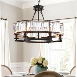 NOXARTE Round Crystal Chandelier 6 Lights Hanging Chandelier Pendant Light Ceiling Fixture Black Iron Frame for Dining Room Living Room Farmhouse D26 Inch x H20 Inch