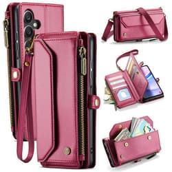 WAWZ for Samsung Galaxy A16 5G Case, Women Men Multi-Function Wallet Case with Stand RFID Blocking Featuring Magnetic Closure Zipper Includes Shoulder Strap Wrist Strap (Red)