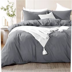 NEXHOME PRO Cotton Duvet Cover Queen Size Linen Look Textured Organic Natural 100% Washed Cotton Duvet Cover 3 Pieces Bedding Set with Zipper Closure, Breathable, Soft, Grey (No Comforter)