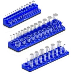 Olsa Tools Magnetic Socket Organizer | 3 Piece Socket Holder Kit | 1/2-Inch, 3/8-Inch, & 1/4-Inch Drive | SAE Blue | Holds 68 Sockets | Professional Quality Tools Organizer