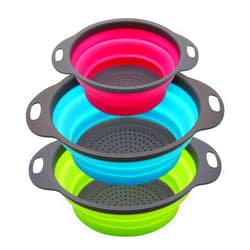 Qimh Collapsible Colander Set of 3 Round Silicone Kitchen Strainer Set - 2 pcs 4 Quart and 1 pcs 2 Quart- Perfect for Draining Pasta, Vegetable and fruit (green,blue, purple)