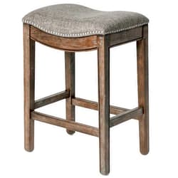 Maven Lane Adrien 26 Inch Counter Height Upholstered Backless Saddle Barstool in Walnut Wood Finish with Grey Fabric Cushion Seat