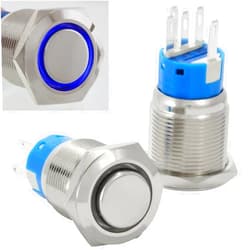 JacobsParts Latching Pushbutton ON/OFF Maintained Power Switch Circular Metal Silver with Blue LED fits 3/4