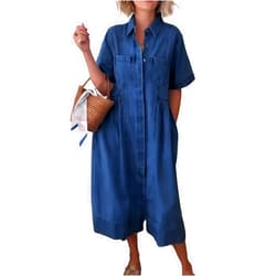 chouyatou Women's 2025 Summer Short Sleeve Denim Shirt Dress Midi Long Western Business Casual Jean Dress