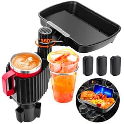 Aucurwen Cup Holder Tray for Car, 2024 3 in 1 Car Tray, 360° Rotating Car Food Table Tray, Car Trays for Eating with Phone Slot - Fits Yeti 10/14/26 oz, Hydro Flask 21/24/32 oz