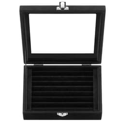 Jutieuo 7 Slots Ring Holder Storage Box Velvet Ring Display Case Jewelry Earrings Necklace Organizer Tray with Top Glass Lid Store Showcase Gift for Women Girls (Black)