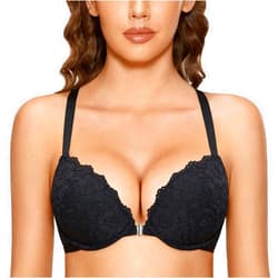 DOBREVA Women's Push Up Bra Racerback Front Closure Bras Lace Padded Underwire Plunge Floral