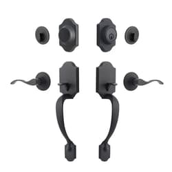 Natsukage Front Door Handle Set Heavy Duty Double Door Lock Set Matte Black Double Door Handle Sets with Dummy, with Single Cylinder Deadbolt and Door Lever, Reversible for Right & Left Handed Doors