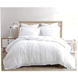 Chezmoi Collection Nora 3-piece Ruffled Edge Trim Duvet Cover Set - Hypoallergenic Soft Washed Microfiber Comforter Cover with Button Closure and Corner Ties - Queen, White