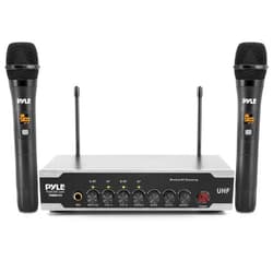 Pyle Portable Uhf Wireless Microphone System - Battery Operated Dual Bluetooth Cordless Microphone Set, Includes 2 Handheld Transmitter mic, Receiver Base, Aux, RCA, for PA Karaoke DJ Party -PDWM2125